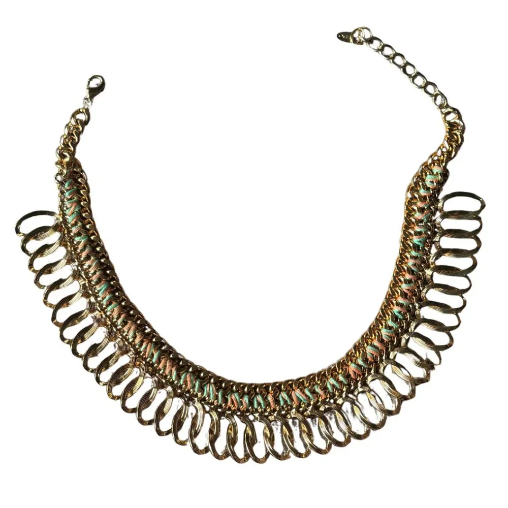Vintage ALDO Gold-Tone Interlocking Ring Fringe Statement Bib Necklace - Picture 4 of 8